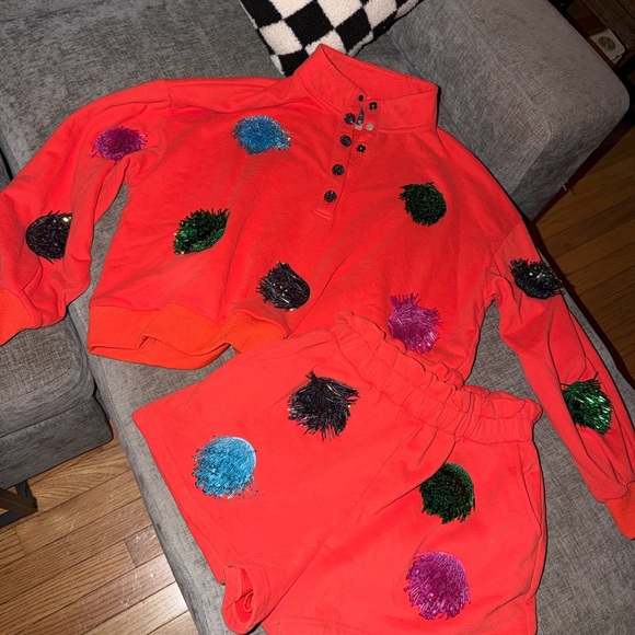 QUEEN OF SPARKLES RARE Red Sequin Sweatshirt & Shorts Set size XS